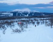 Лыжник на горе на закате — стоковое фото