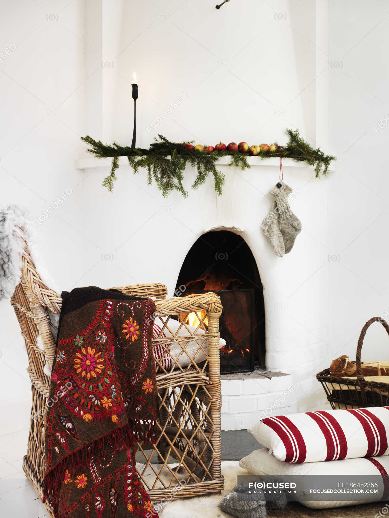 Front View Of Christmas Decoration On Fireplace Home Interior