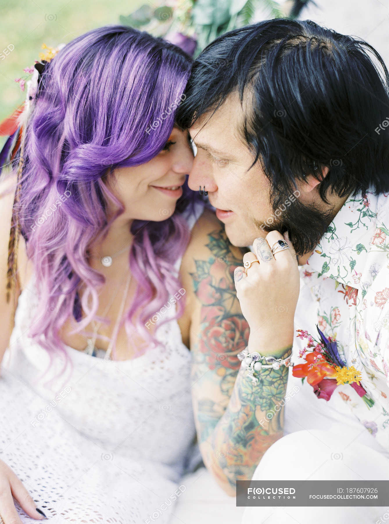 Bride With Purple Hair And Groom At Hippie Wedding Focus On