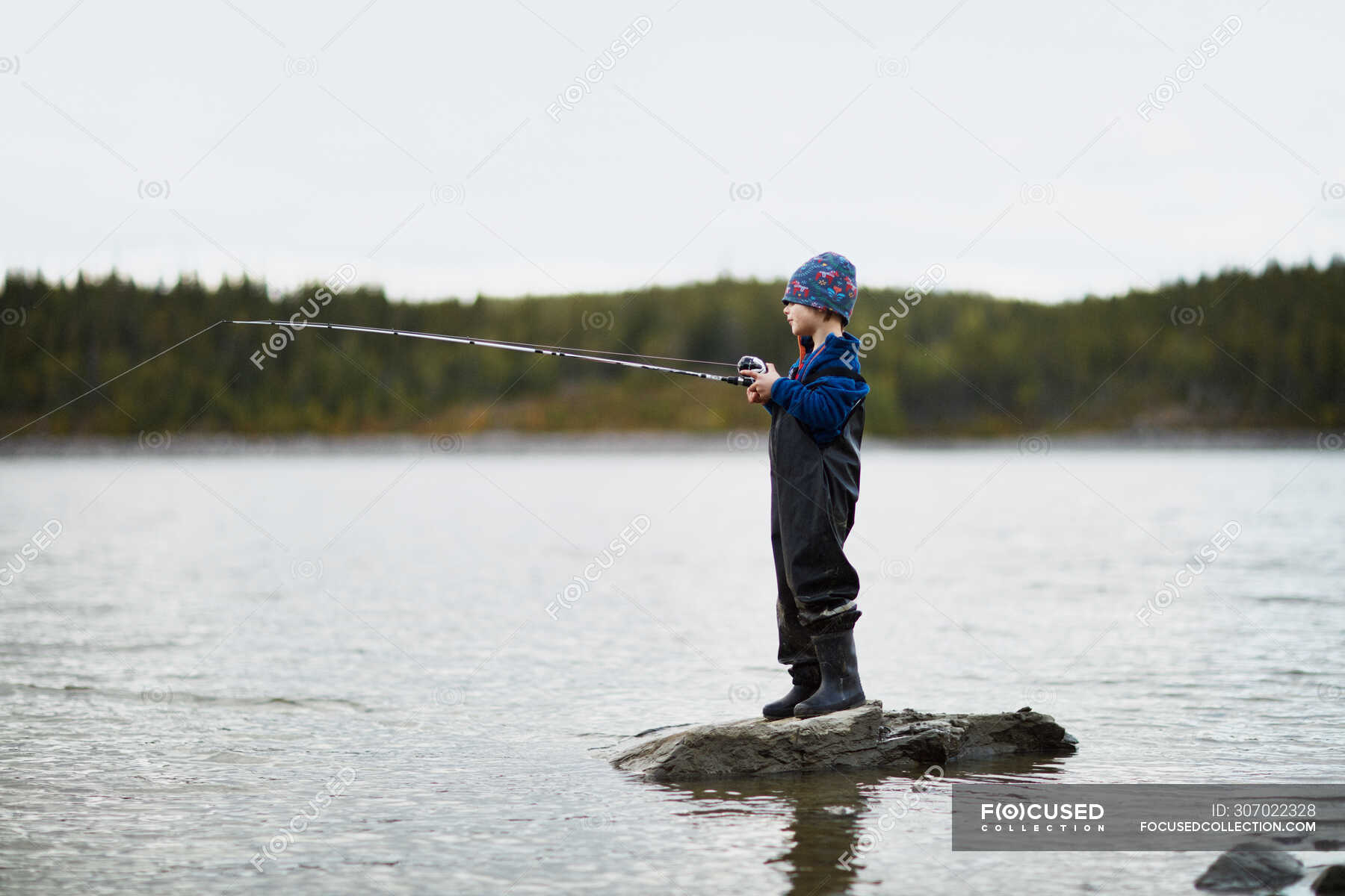 Adorable little boy fishing in river — Full Length, male - Stock Photo ...