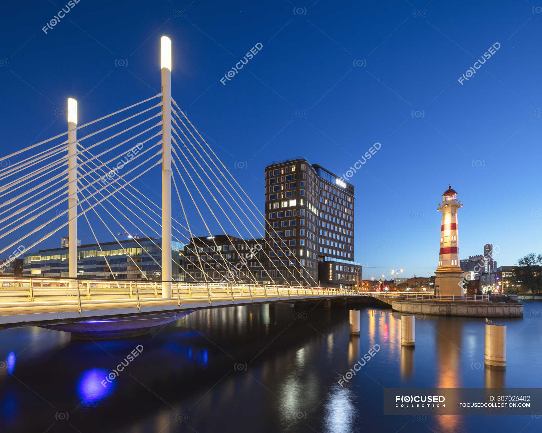 Bridge over river at sunset in Malmo, Sweden — connection, architecture ...