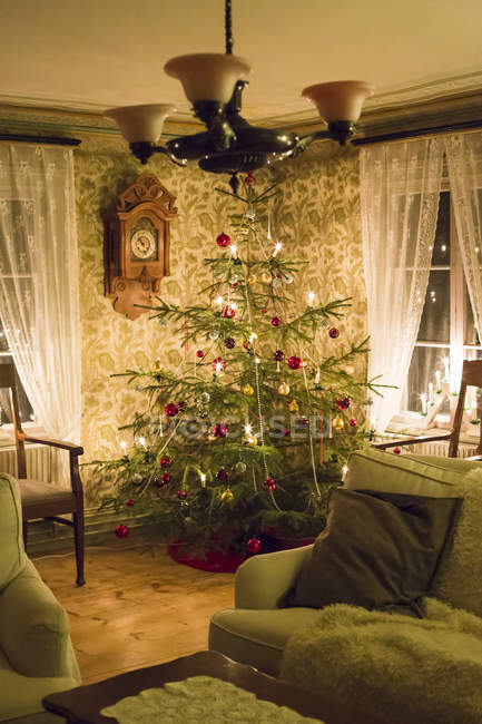 Vista frontale dell'albero di Natale illuminato in soggiorno — Foto stock