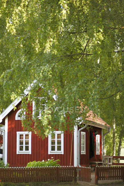 Legno falu casa rossa nel verde lussureggiante — Foto stock