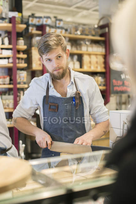 Portrait of man at food market, selective focus — Stock Photo