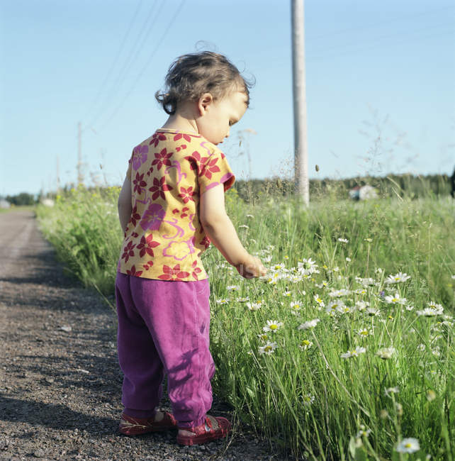 Girl looking at wild flowers by dirt road — Stock Photo