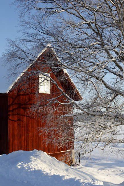 Casa vermelha fachada na paisagem de inverno — Fotografia de Stock