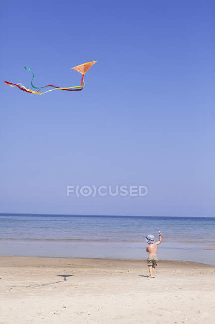 Menino voando pipa na praia, vista traseira — Fotografia de Stock
