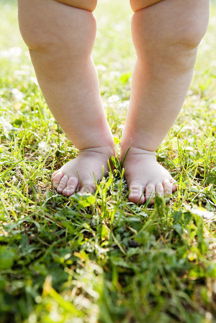 Section basse de bébé fille debout pieds nus sur l'herbe — Photo de stock