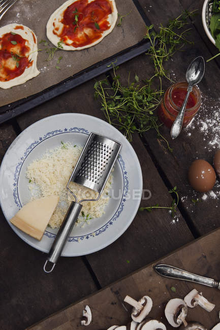 Elevated view of variation of pizzas ingredients — Stock Photo