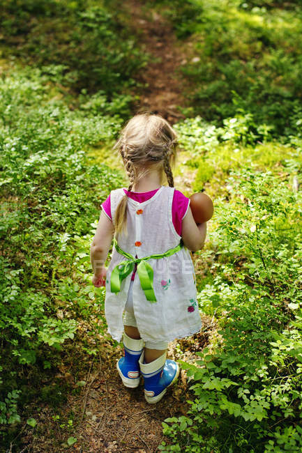 Visão traseira da menina com boneca no caminho da floresta — Fotografia de Stock