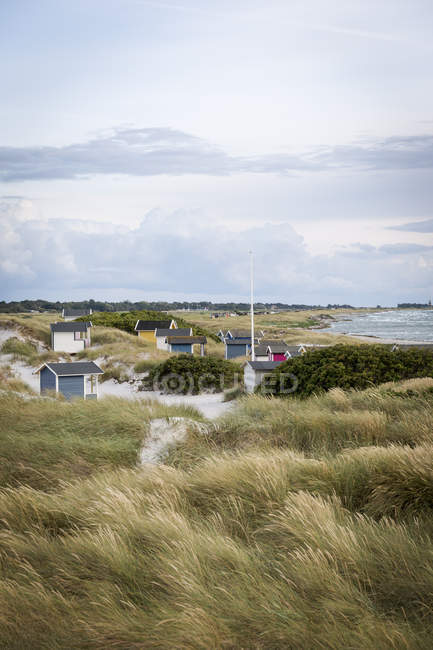 Hütten am grasbewachsenen Strand unter bewölktem Himmel — Stockfoto