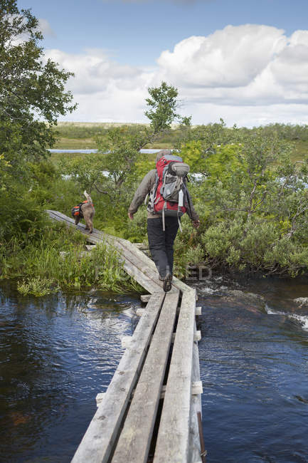 Vista posteriore della donna che cammina sul ponte pedonale — Foto stock