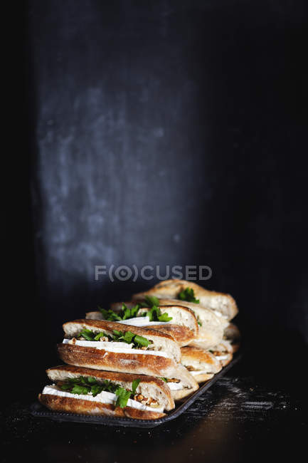 Bocadillos con queso brie en bandeja con poca luz - foto de stock