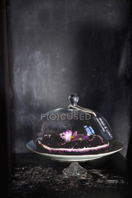 Glass cakestand with blueberry cheesecake on table — Stock Photo