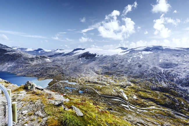 Elevated view of mountains, lake and rivers at More og Romsdal, Norway — Stock Photo