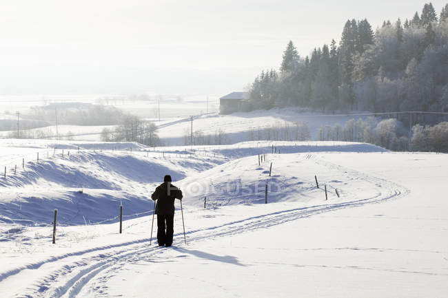 Homem esqui cross-country na paisagem nevada — Fotografia de Stock