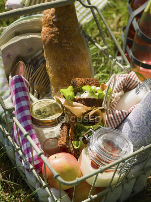 Panier métallique avec nourriture et couverts sur herbe — Photo de stock