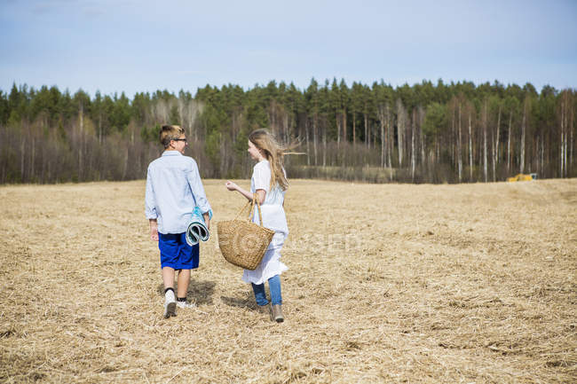 Girl and boy walking in field, forest in background — Stock Photo