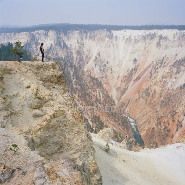 Чоловік стоїть на скелі в національному парку Геллоустоун — стокове фото