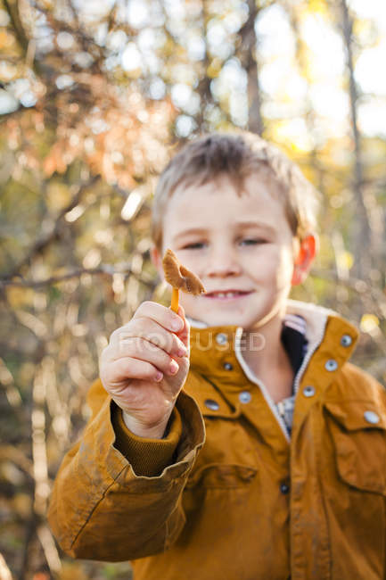Boy showing chanterelle, focus on foreground — Stock Photo