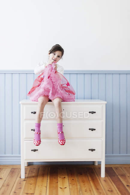 Little Girl In Pink Dress Sitting On, Girls Pink Dresser