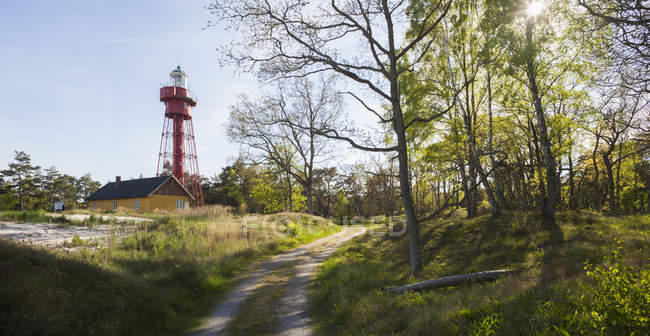 Вид на маяк і будівлю в сільському зеленому пейзажі — стокове фото