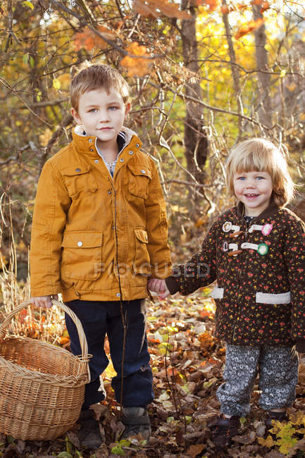 Niño y niña tomados de la mano en el bosque en otoño - foto de stock