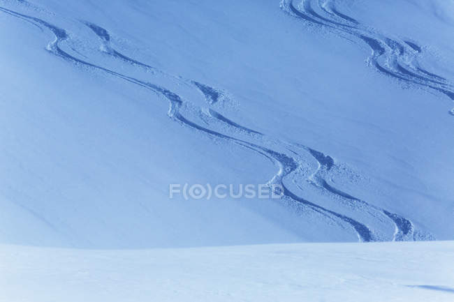 Ski trails in snow on snowcapped hill — Stock Photo