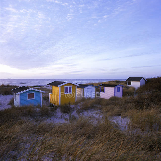 Подлинные пляжные хижины с высокой травой по вечерам — стоковое фото