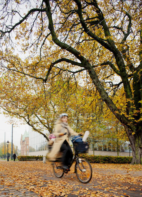 Femme adulte moyenne à vélo à l'automne — Photo de stock