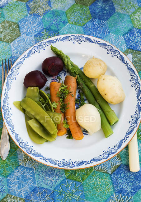 Vista superior de verduras frescas en el plato - foto de stock