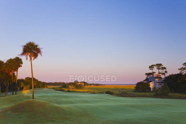 Порожнє поле для гольфу з долонями на заході сонця — стокове фото