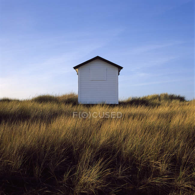 Authentic beach hut with tall grass at evening — Stock Photo