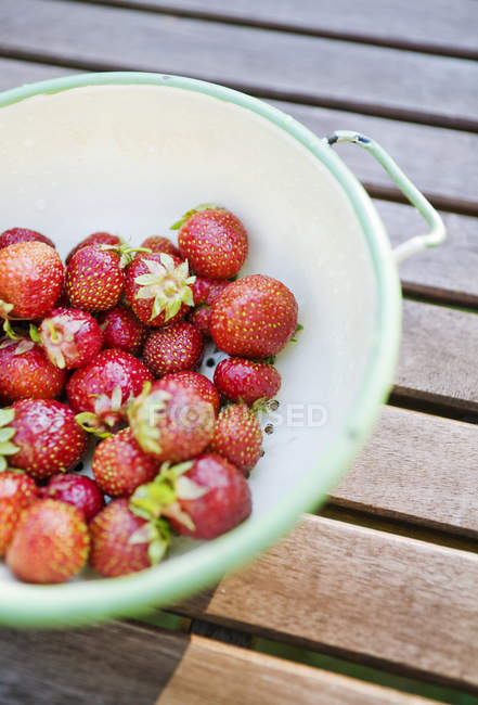 Frisch gepflückte Erdbeeren im Sieb auf Holztisch — Stockfoto