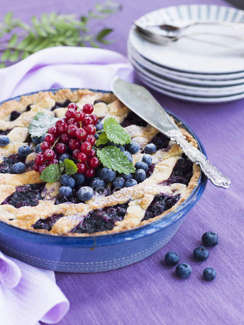 Bilberry pie decorated with redcurrant served on table — Stock Photo