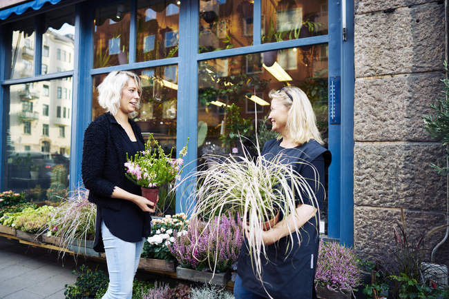 Dois floristas falando enquanto segurando plantas em vasos — Fotografia de Stock
