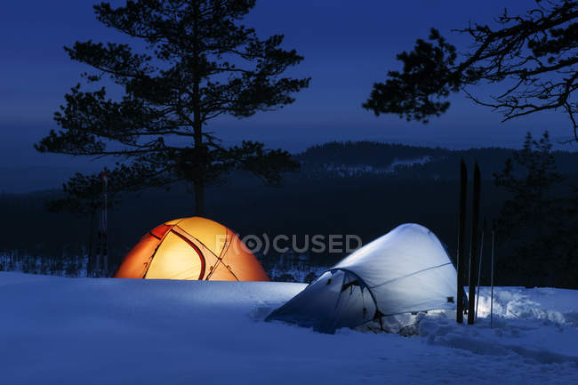 Two tents on snow in Kindla nature reserve, northern europe — Stock Photo