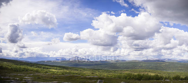 Paysage vert avec des montagnes lointaines sous un ciel nuageux — Photo de stock