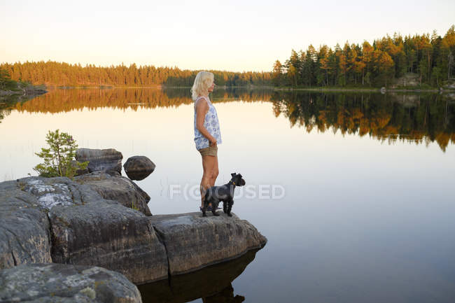 Mulher e cão olhando para a vista no lado do lago — Fotografia de Stock