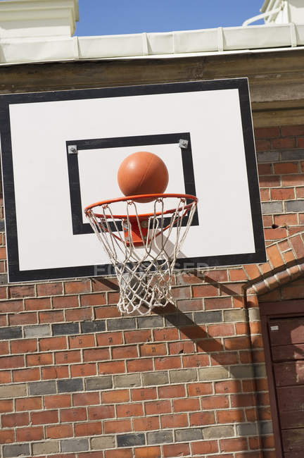 Баскетбольное кольцо с мячом при ярком солнечном свете — стоковое фото
