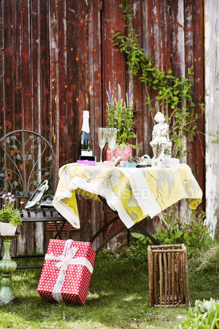Champagne on small table in backyard at summer — Stock Photo