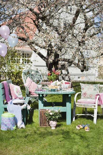 Table set for graduation party in garden — Stock Photo