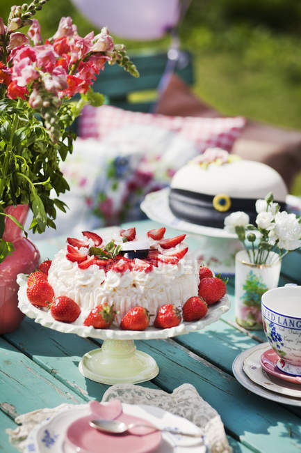 Крупним планом торт на столі в саду, фокус на передньому плані — стокове фото