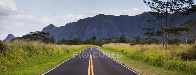 Rural road with mountains in background in Hawaii — Stock Photo