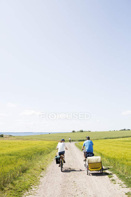 Rear view of family cycling at field, Ven, Sweden — Stock Photo