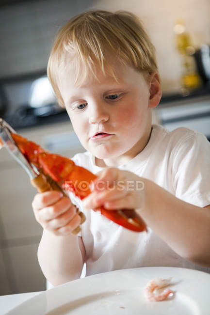 Junge isst Krebse, differenzierter Fokus — Stockfoto