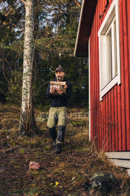 Homme portant du bois de feu dans la forêt — Photo de stock