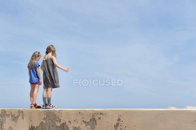Vista posteriore di due giovani ragazze in piedi sul muro contro il cielo blu — Foto stock