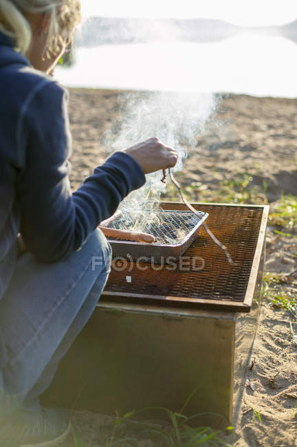 Vista recortada de la mujer cocinar barbacoa por el lago - foto de stock