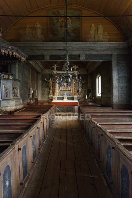 Interior of wooden church, northern europe — Stock Photo